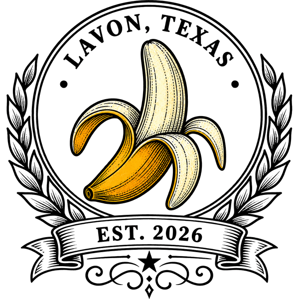 The Lavon Banana crest: a peeled banana in a laurel wreath, Lavon, Texas, established 2026.