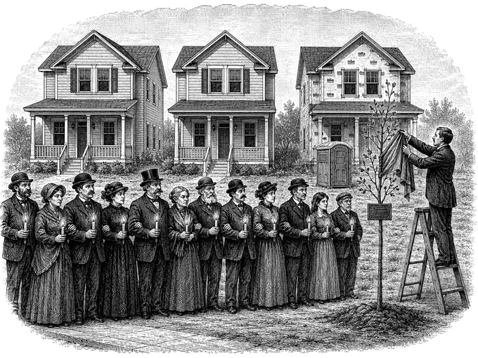 Townsfolk holding a vigil before three identical new houses.